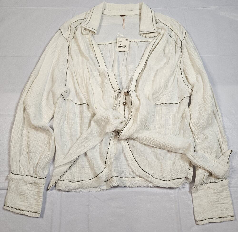 Free People Womens XS Ivory Textured Gauze Tie Front Blouse Boho Contrast Stitch